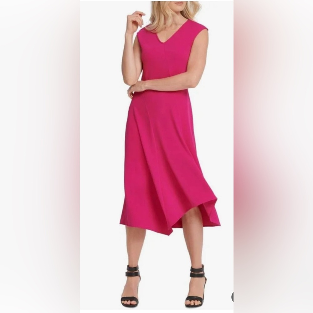 DKNY Sleeveless V-Neck High-Low Dress in Fuchsia Pink
